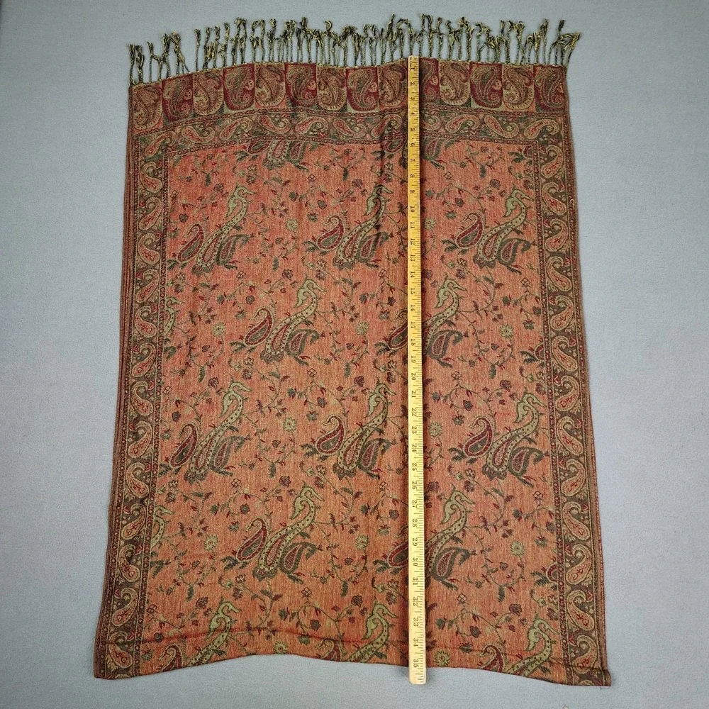 Cashmere Silk Scarf Shawl Paisley Sage Red Fall Vibes Fringe XL 27x72 Pashmina